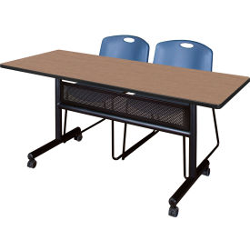 Kobe Privacy Nesting Table with 2 Zeng Blue Stack Chairs, 60"L x 24"W, Noble Oak