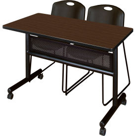 Kobe Privacy Nesting Table with 2 Zeng Black Stack Chairs, 48"L x 24"W, Neo Walnut