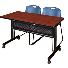 Kobe Privacy Nesting Table with 2 Zeng Blue Stack Chairs, 48"L x 24"W, Cherry