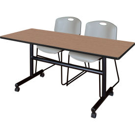 Training Nesting Table with 2 Zeng Gray Stack Chairs, 60"L x 30"W, Noble Oak