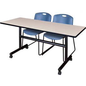 Kobe Training Nesting Table with 2 Zeng Blue Stack Chairs, 60"L x 30"W, Maple