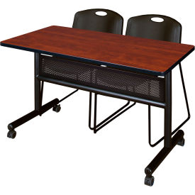 Kobe Privacy Nesting Table with 2 Zeng Black Stack Chairs, 48"L x 24"W, Cherry