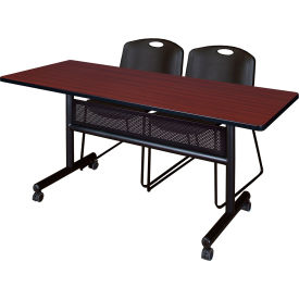 Privacy Nesting Table with 2 Zeng Black Stack Chairs, 60"L x 24"W, Mahogany