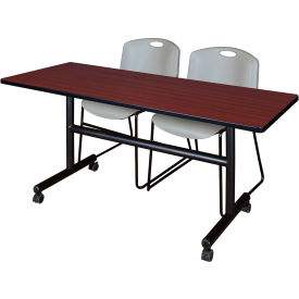 Kobe Training Nesting Table with 2 Zeng Gray Stack Chairs, 60"L x 30"W, Mahogany