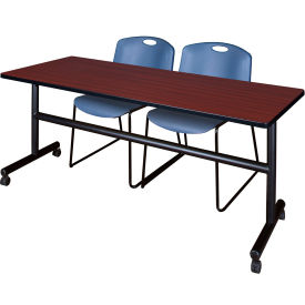 Kobe Training Nesting Table with 2 Zeng Blue Stack Chairs, 72"L x 24"W, Mahogany