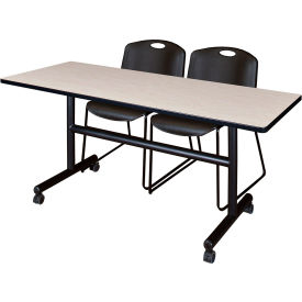Kobe Training Nesting Table with 2 Zeng Black Stack Chairs, 60"L x 30"W, Maple