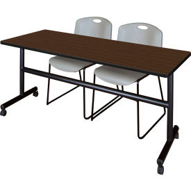 Training Nesting Table with 2 Zeng Gray Stack Chairs, 72"L x 24"W, Neo Walnut