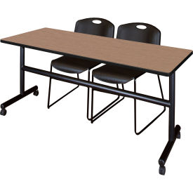 Kobe Training Nesting Table with 2 Zeng Black Stack Chairs, 72"L x 24"W, Noble Oak