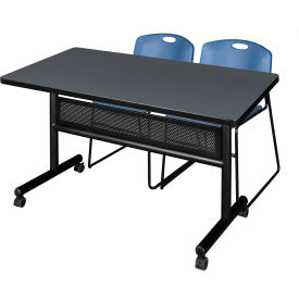 Privacy Nesting Table with 2 Zeng Blue Stack Chairs, 48"L x 30"W, Gray