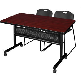 Privacy Nesting Table with 2 Black Stack Chairs, 48"L x 30"W, Mahogany