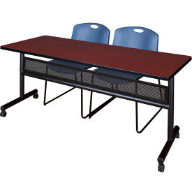 Kobe Privacy Nesting Table with 2 Zeng Blue Stack Chairs, 72"L x 24"W, Mahogany