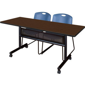 Kobe Privacy Nesting Table with 2 Zeng Blue Stack Chairs, 60"L x 24"W, Neo Walnut