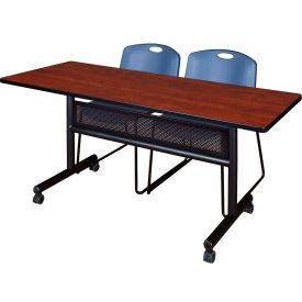Kobe Privacy Nesting Table with 2 Zeng Blue Stack Chairs, 60"L x 24"W, Cherry