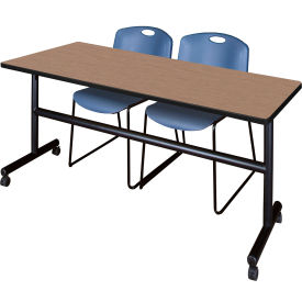 Kobe Training Nesting Table with 2 Zeng Blue Stack Chairs, 72"L x 30"W, Noble Oak