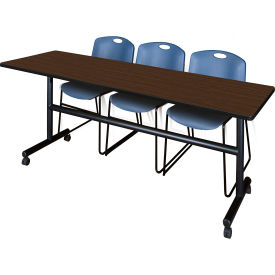 Training Nesting Table with 2 Zeng Blue Stack Chairs, 84"L x 24"W, Neo Walnut