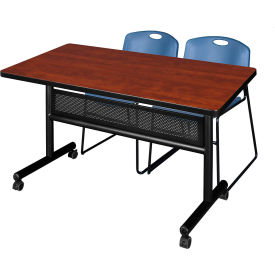 Kobe Privacy Nesting Table with 2 Zeng Blue Stack Chairs, 48"L x 30"W, Cherry