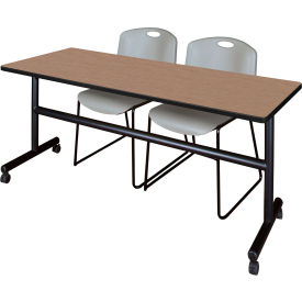 Training Nesting Table with 2 Zeng Gray Stack Chairs, 72"L x 24"W, Noble Oak