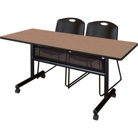 Privacy Nesting Table with 2 Black Stack Chairs, 60"L x 30"W, Noble Oak