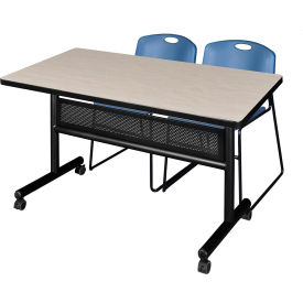 Privacy Nesting Table with 2 Zeng Blue Stack Chairs, 48"L x 30"W, Maple