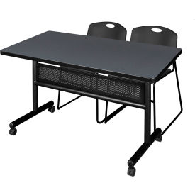 Privacy Nesting Table with 2 Zeng Black Stack Chairs, 48"L x 30"W, Gray
