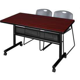 Kobe Privacy Nesting Table with 2 Zeng Gray Stack Chairs, 48"L x 30"W, Mahogany