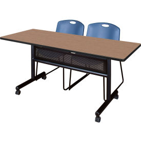 Kobe Privacy Nesting Table with 2 Zeng Blue Stack Chairs, 60"L x 30"W, Noble Oak