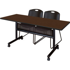 Privacy Nesting Table with 2 Black Stack Chairs, 60"L x 24"W, Neo Walnut