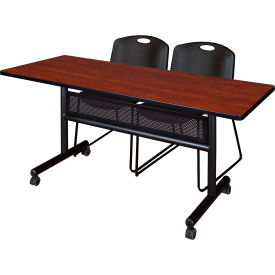 Privacy Nesting Table with 2 Zeng Black Stack Chairs, 60"L x 24"W, Cherry