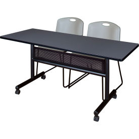 Privacy Nesting Table with 2 Zeng Gray Stack Chairs, 60"L x 24"W, Gray