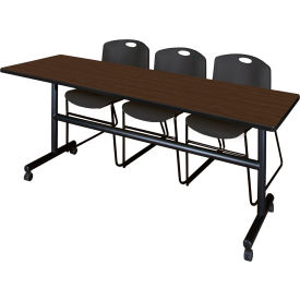 Training Nesting Table with 2 Zeng Black Stack Chairs, 84"L x 24"W, Neo Walnut