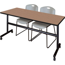 Training Nesting Table with 2 Zeng Gray Stack Chairs, 72"L x 30"W, Noble Oak