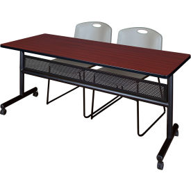 Privacy Nesting Table with 2 Zeng Gray Stack Chairs, 72"L x 24"W, Mahogany
