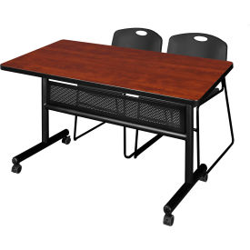 Kobe Privacy Nesting Table with 2 Zeng Black Stack Chairs, 48"L x 30"W, Cherry