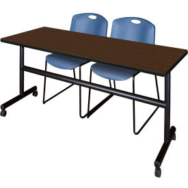 Kobe Training Nesting Table with 2 Zeng Blue Stack Chairs, 72"L x 24"W, Neo Walnut