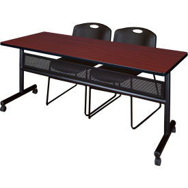 Privacy Nesting Table with 2 Black Stack Chairs, 72"L x 24"W, Mahogany