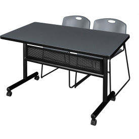 Kobe Privacy Nesting Table with 2 Zeng Gray Stack Chairs, 48"L x 30"W, Gray