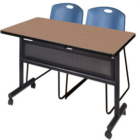 Kobe Privacy Nesting Table with 2 Zeng Blue Stack Chairs, 48"L x 30"W, Noble Oak