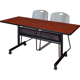 Privacy Nesting Table with 2 Zeng Gray Stack Chairs, 60"L x 24"W, Cherry