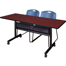 Kobe Privacy Nesting Table with 2 Zeng Blue Stack Chairs, 60"L x 24"W, Mahogany