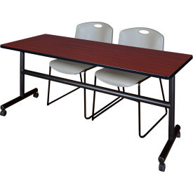 Training Nesting Table with 2 Zeng Gray Stack Chairs, 72"L x 30"W, Mahogany