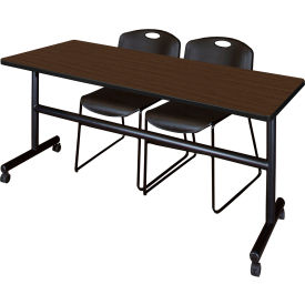 Training Nesting Table with 2 Zeng Black Stack Chairs, 72"L x 30"W, Neo Walnut