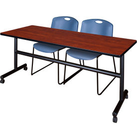 Kobe Training Nesting Table with 2 Zeng Blue Stack Chairs, 72"L x 30"W, Cherry
