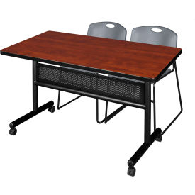 Kobe Privacy Nesting Table with 2 Zeng Gray Stack Chairs, 48"L x 30"W, Cherry