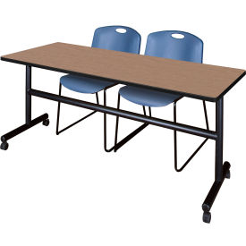 Kobe Training Nesting Table with 2 Zeng Blue Stack Chairs, 72"L x 24"W, Noble Oak