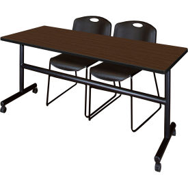 Kobe Training Nesting Table with 2 Zeng Black Stack Chairs, 72"L x 24"W, Neo Walnut