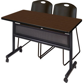 Privacy Nesting Table with 2 Zeng Black Stack Chairs, 48"L x 30"W, Neo Walnut