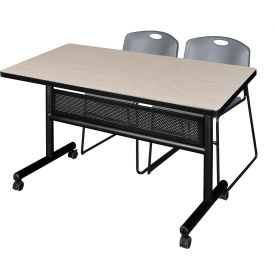 Privacy Nesting Table with 2 Zeng Gray Stack Chairs, 48"L x 30"W, Maple