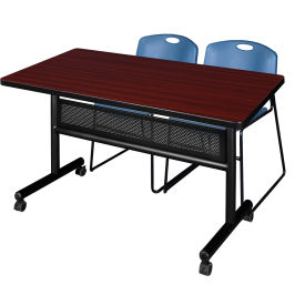 Privacy Nesting Table with 2 Zeng Blue Stack Chairs, 48"L x 30"W, Mahogany