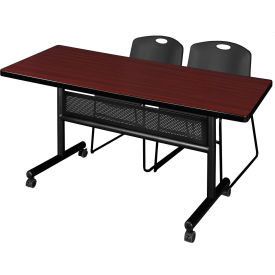 Privacy Nesting Table with 2 Zeng Black Stack Chairs, 60"L x 30"W, Mahogany