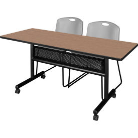 Kobe Privacy Nesting Table with 2 Zeng Gray Stack Chairs, 60"L x 24"W, Noble Oak